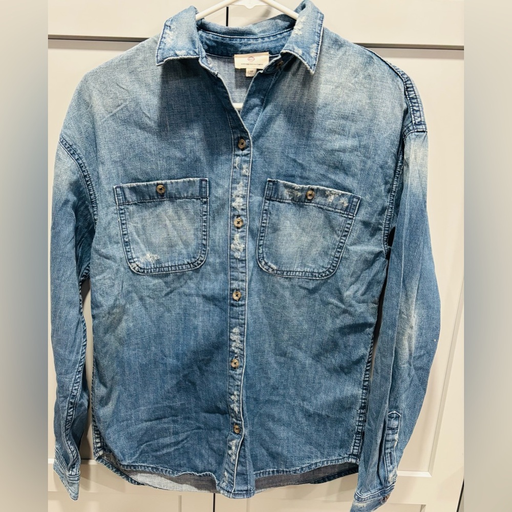 AG Adriano Goldschmied Light Blue Distressed Denim Shirt Oversized XS NWOT